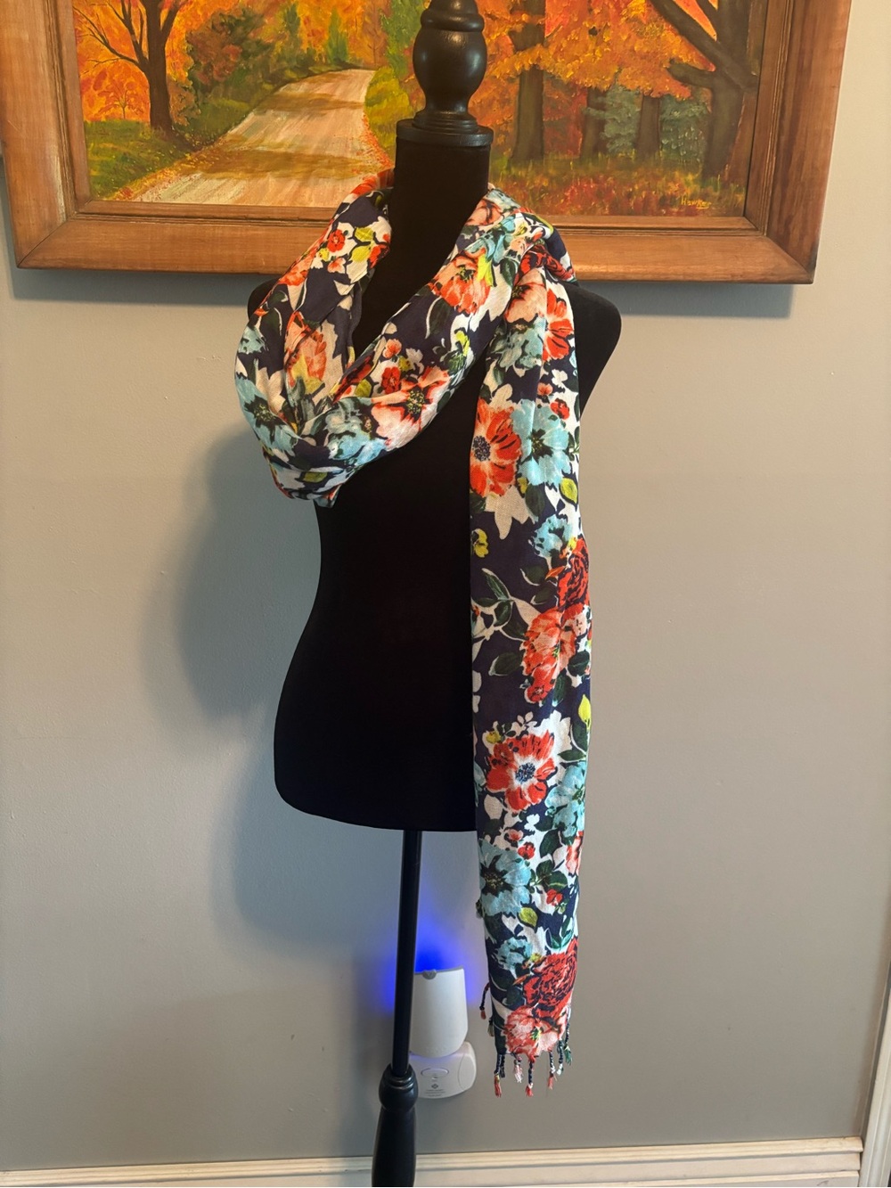 Lands' End Navy Floral Fringe Scarf with Orange, Teal & Cream Blooms - Picture 4 of 5